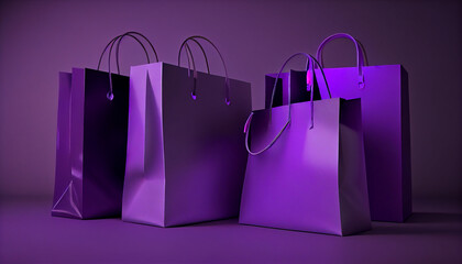 Purple shopping bags no taxt and minimalist background. Mock up of four blank purple shopping bags isolated on purple background, in black friday concept 3d illustration. Ai generated