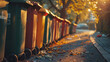 Sunset casts golden glow on lined waste containers in park