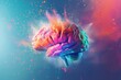 Colorful Human Brain Floating in Blue Space Amidst Dynamic Splash of Colorful Dots and Particles