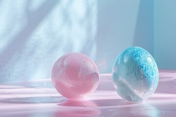 Sticker - Two eggs resting on a pink surface. Perfect for food and cooking concepts