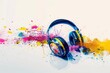 Headphones splattered with vibrant paint, perfect for music lovers or artists