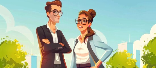 Wall Mural - Man and woman in a cartoon style, standing side by side in an illustration