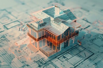 Poster - House model sitting on top of a blueprint, suitable for construction or real estate concepts