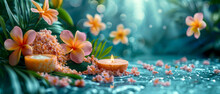 Blue Blurred Background With Flowers And Candles. Wellness And Spa Concept