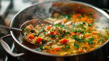 Poster - A pot of soup with a spoon inside. Ideal for food blogs or recipe websites