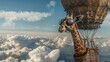 Pilot giraffe is riding in a hot air balloon high up in the sky, showcasing a unique and unexpected sight in the air transportation scene. The giraffe appears calm and curious, taking in the aerial