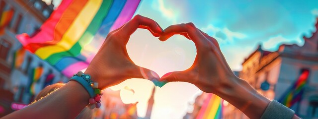 Wall Mural - hands making a heart shape with a rainbow flag waving in the background during a pride parade celebration, love and diversity concept