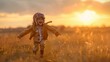 A young child dressed in Airplane pilot attire running energetically through a vast field filled with tall grass and wildflowers, with the golden hues of the setting sun casting a warm glow over the