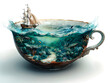 a ship in the ocean in a tea cup. It is tagged as oil painting.