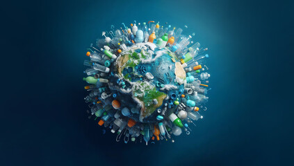 Planet vs. Plastics , Earth day 2024 concept. 3d globe earth made by plastics bottle and other plastic item. details, photo realistic.