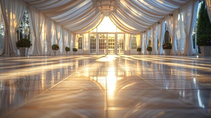 Sunlight streaming through elegant white event marquee