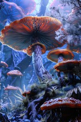 Wall Mural - Group of mushrooms in a vibrant forest setting. Perfect for nature-themed designs