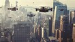 Group of transport delivery drone aerial view. Gracefully soar over the city skyline, leaving trails of exhaust in the sky. The planes are flying in formation, creating a mesmerizing sight against the