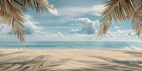 Poster - Beautiful sandy beach with palm trees and ocean view. Perfect for travel brochures or vacation advertisements