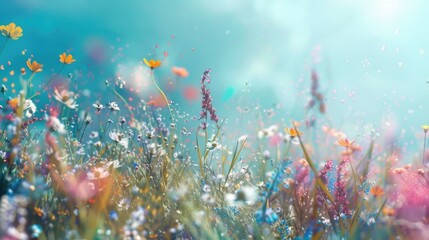 Canvas Print - Beautiful field of wildflowers with a clear blue sky in the background. Perfect for nature and outdoor-themed designs