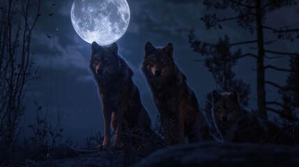 Poster - Group of wolves standing in front of a full moon. Suitable for wildlife and nature concepts