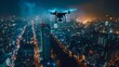 Drone aerial view captures the citys nighttime skyline, illuminated by the glow of streetlights and buildings. The cityscape is bustling with activity as cars move through streets and lights twinkle