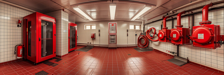 Selective focus of Red water pipes and fire extinguishing system valves in the building.