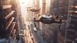 Drone aerial view. Copter flying over the bustling cityscape, delivering packages with precision and efficiency. The city below is a blur of activity, with cars moving along the streets and buildings