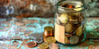 Saving Money Concept with Coins in Glass Jar on Wooden Background