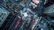 Drone aerial view shows a bustling city with a maze of roads filled with numerous vehicles moving in different directions. Traffic congestion is visible as cars, trucks, buses, and motorcycles