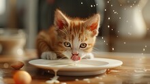 A Realistic 3D Scene Of A Kitten Lapping Milk From A Saucer
