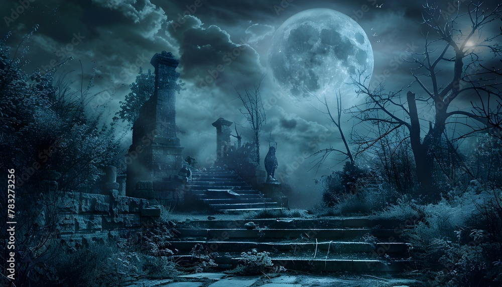 Enchanted Gothic Moonlit Landscape with Eerie Shadows and Abandoned ...