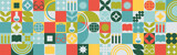 Fototapeta Sypialnia - School seamless background for a stand made of geometric shapes, colored mosaic in a trendy style. Student and office worker template for wallpaper and web cover - globe, book. glasses, pencils.