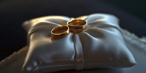 Wall Mural - Elegant gold wedding rings displayed on a white pillow. Perfect for wedding invitations and announcements