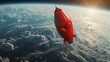 Red rocket is soaring through the air above the planet Earth. The rocket is bright red in color and stands out against the backdrop of the globe below.