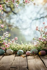 Wall Mural - Colorful Easter eggs and fresh flowers on rustic wooden table. Perfect for spring celebrations