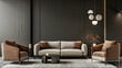 Accents in a dark room. A sofa in chocolate brown and armchairs in ivory beige. stylish mockup of a modern interior design. empty black and grey wall background