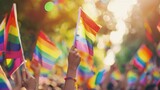 Fototapeta Tęcza - Closeup of crowd waving rainbow flags at gay pride parade, with a blurred depth background and bokeh effect