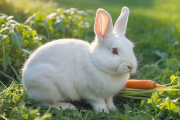 A white rabbit is sitting on the grass. Small sweet bunny walking by meadow in green garden on bright sunny day