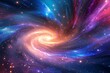Cosmic particle spiral vortex background. Swirl background with whirlpool of blue neon purple colors and vibrant lens flare at center