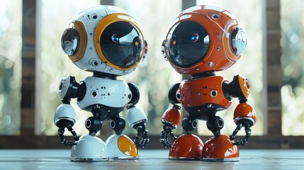 Poster - A pair of robots standing side by side. Suitable for technology and science fiction concepts