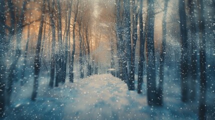 Poster - Snow covered path in a snowy forest, suitable for winter themed designs