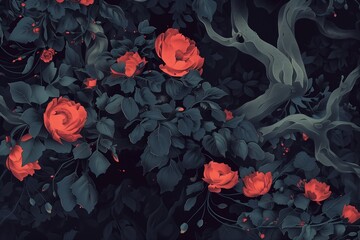 Canvas Print - A captivating nocturnal scene of vibrant red roses set against a mysterious dark forest, perfect for thematic designs and moody decor.