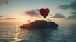 A heart-shaped balloon is seen flying gracefully over a small island in this surreal scene. The balloon is the main focal point, contrasting against the island backdrop.
