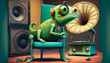 oil painting style cartoon character Green chameleon on a chair character cartoon listens to music from an old gramophone