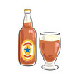 One bottle and glass of British beer. Picture in line style. Black outline with colored spots. Isolated on white background. Vector flat illustration. 
