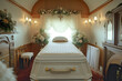 At funeral ceremony service, coffin containing body of deceased is placed in chapel of remembrance AI Generative