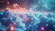 Internet social network icons. Sky is filled with numerous fluffy clouds of various shapes and sizes, displaying a spectacular array of colors ranging from light pinks to deep purples.