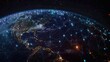Internet social network icons on planet Earth with a network of bright lights concentrated in the center, resembling a digital network or internet connection. The lights symbolize connectivity and