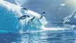 A group of penguins playful jumping hopping out of the frigid ocean and flying over an iceberg in Antarctica.