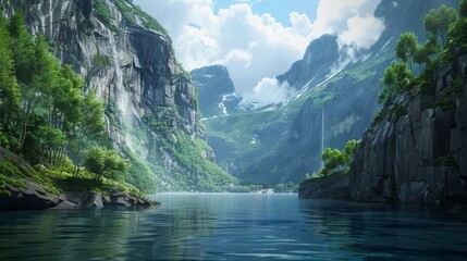 Wall Mural - A serene Scandinavian fjord surrounded by towering cliffs and lush forests