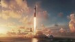 An artists rendering depicting a rocket launching from Earth into the vast expanse of the sky. The rocket is propelled upwards by powerful engines, leaving a trail of smoke behind it as it ascends