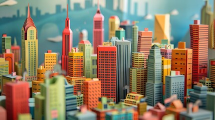 Wall Mural - Colorful paper craft diorama depicting a bustling cityscape