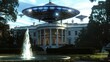 Large UFO above White House building with a fountain in front of it, located in Washington, DC, USA. The architecture is grand and imposing, with a stately presence.