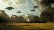 Group of unidentified flying objects UFO, resembling saucers, hover menacingly over the White House in Washington, DC. The UFOs create a surreal and alarming sight as they defy gravity above the